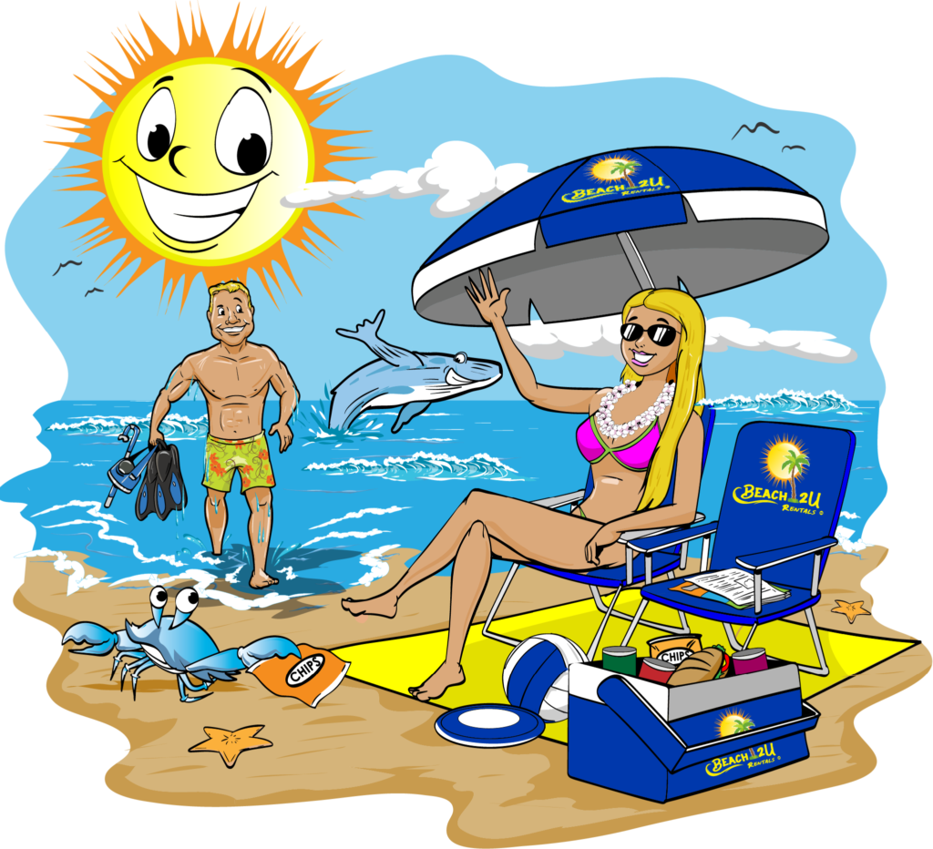 cartoon image of blond woman sitting in beach chair waving to man coming out of the water with a smiley face sun and a breaching whale making the shaka sign with its fin