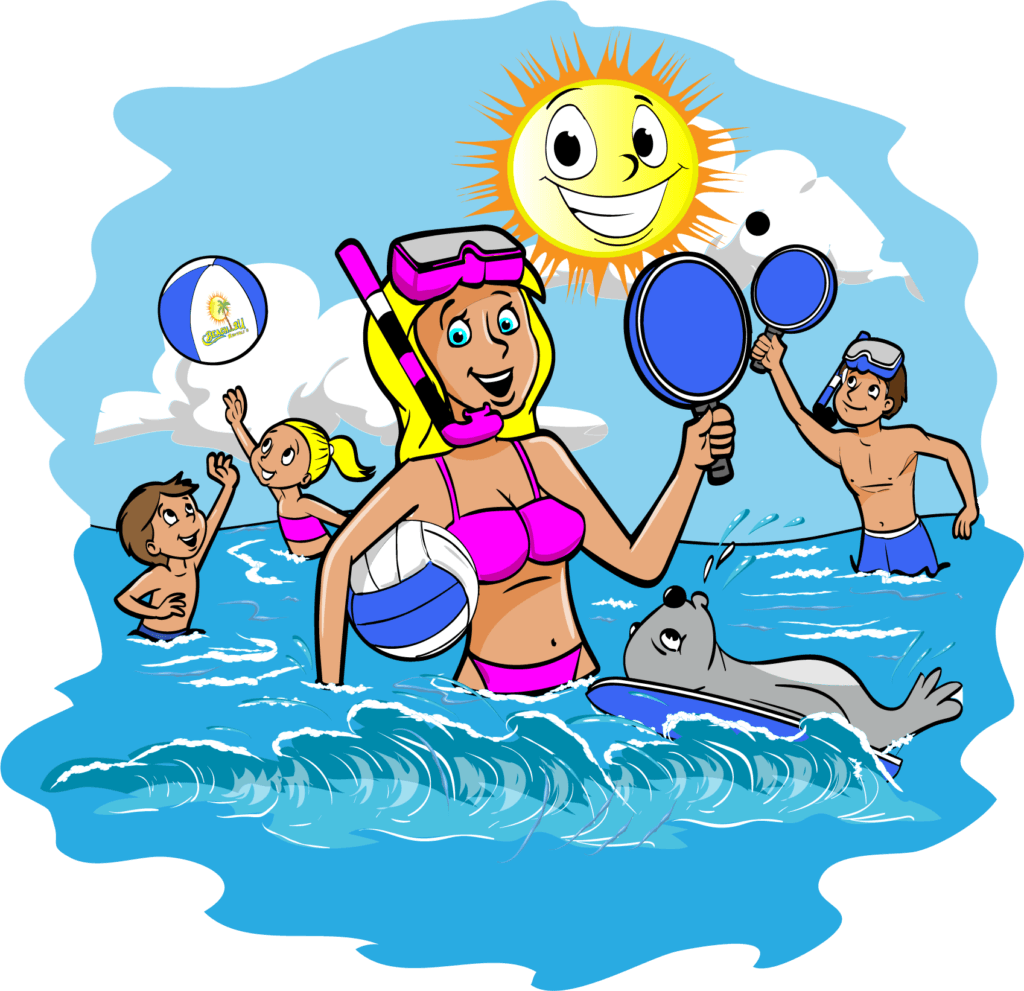 Cartoon scene of a girl with paddle and a seal playing beach games in the ocean under a smiling sun.