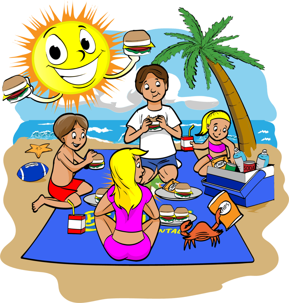 A picnic cartoon shows a family at the beach with burgers. The sun smiles above a palm tree, while a blue blanket displays food. Nearby are a crab, football, and starfish in the sand.