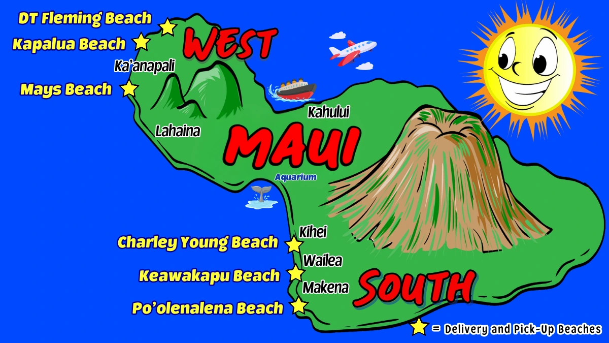 The Maui-Map-Desktop-1.webp is a colorful map of Maui featuring illustrations of beaches and regions in the West and South areas, complete with icons depicting a plane, turtle, and sun.