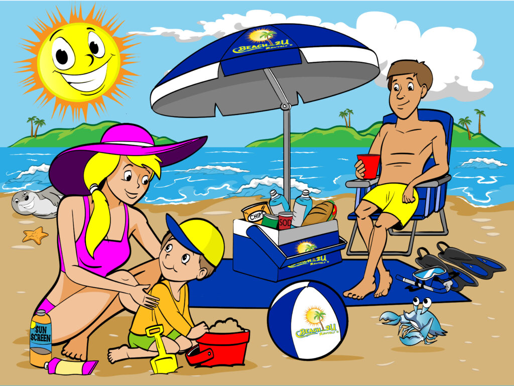 Family at the beach: woman and child building a sandcastle, man enjoying a drink on the Maui Beach Chair Rental under an umbrella; sun shining brightly with ocean background featuring seagull and fish; sunblock and snorkeling gear are also noticeable.