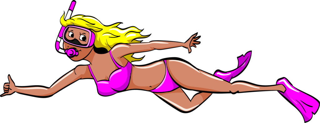 Here's an illustration from "side views color female" showing a person with blonde hair in pink swimwear, wearing a snorkel mask and fins, snorkeling underwater towards the left.