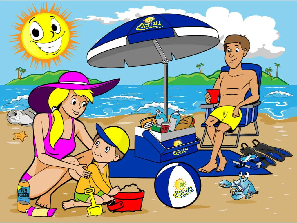 Cartoon family enjoying Beach2U rental gear on a sunny shore: mother and child building a sandcastle, father relaxing under a Beach2U umbrella with a cooler, beach ball, snorkel set and sunscreen by the water with island backdrop.