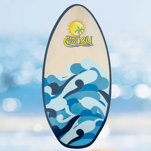Skimboard with ocean wave design and Beach Gear 2U logo, available for rent in Maui