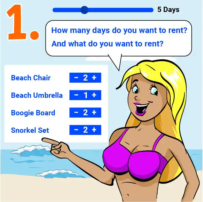 Select the days you want to rent and then the rental item quantities. Finally select your rental start date.