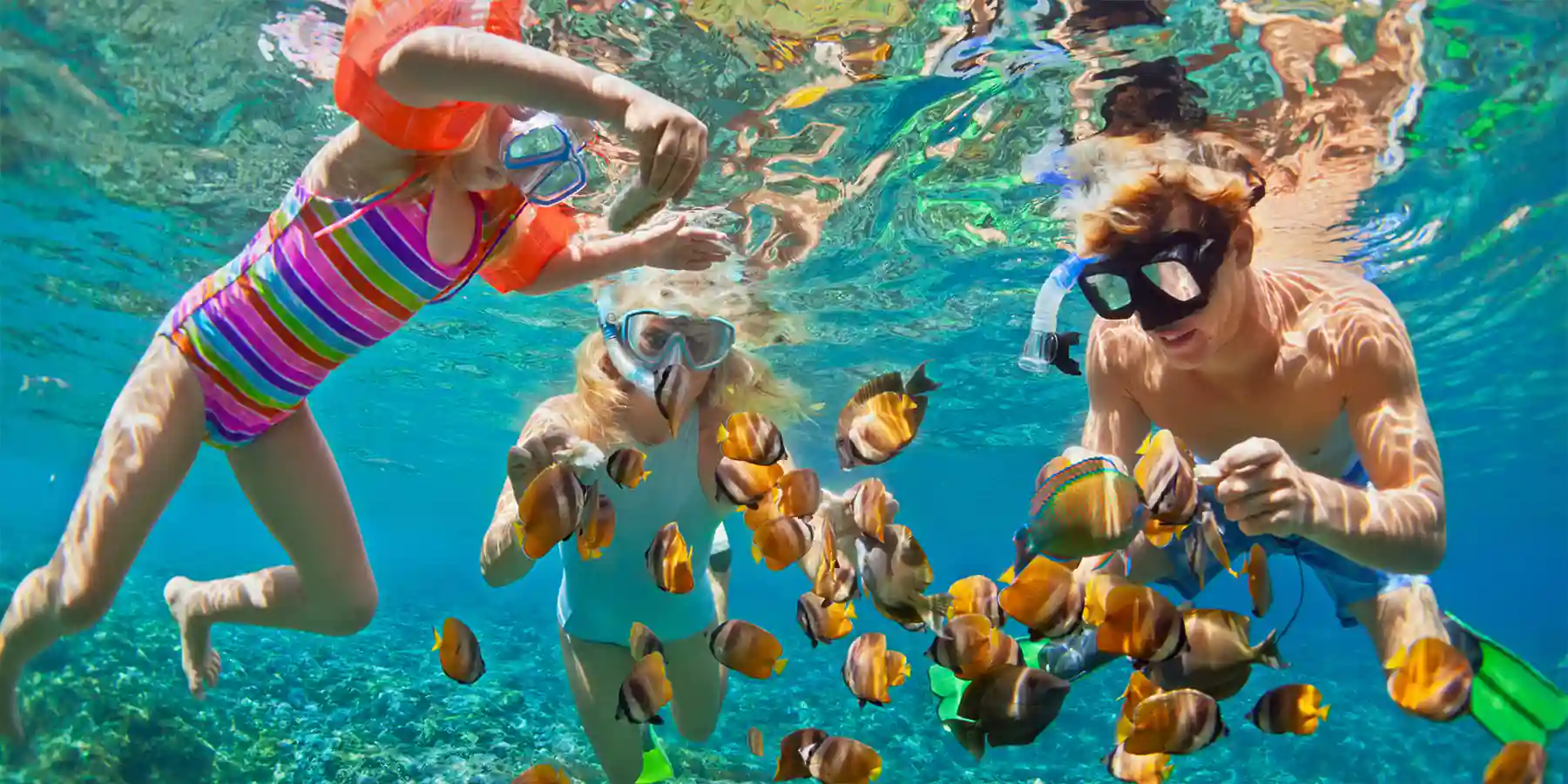 family snorkeling with tropical fish